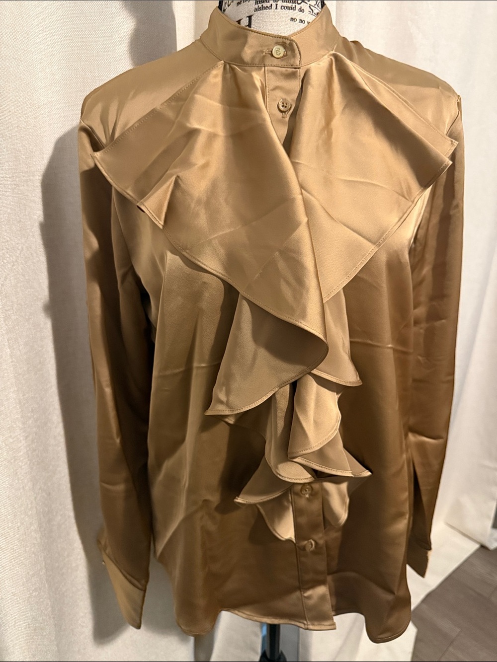 Lauren Ralph Lauren Camel Satin Ruffle Blouse Sz S | NWT